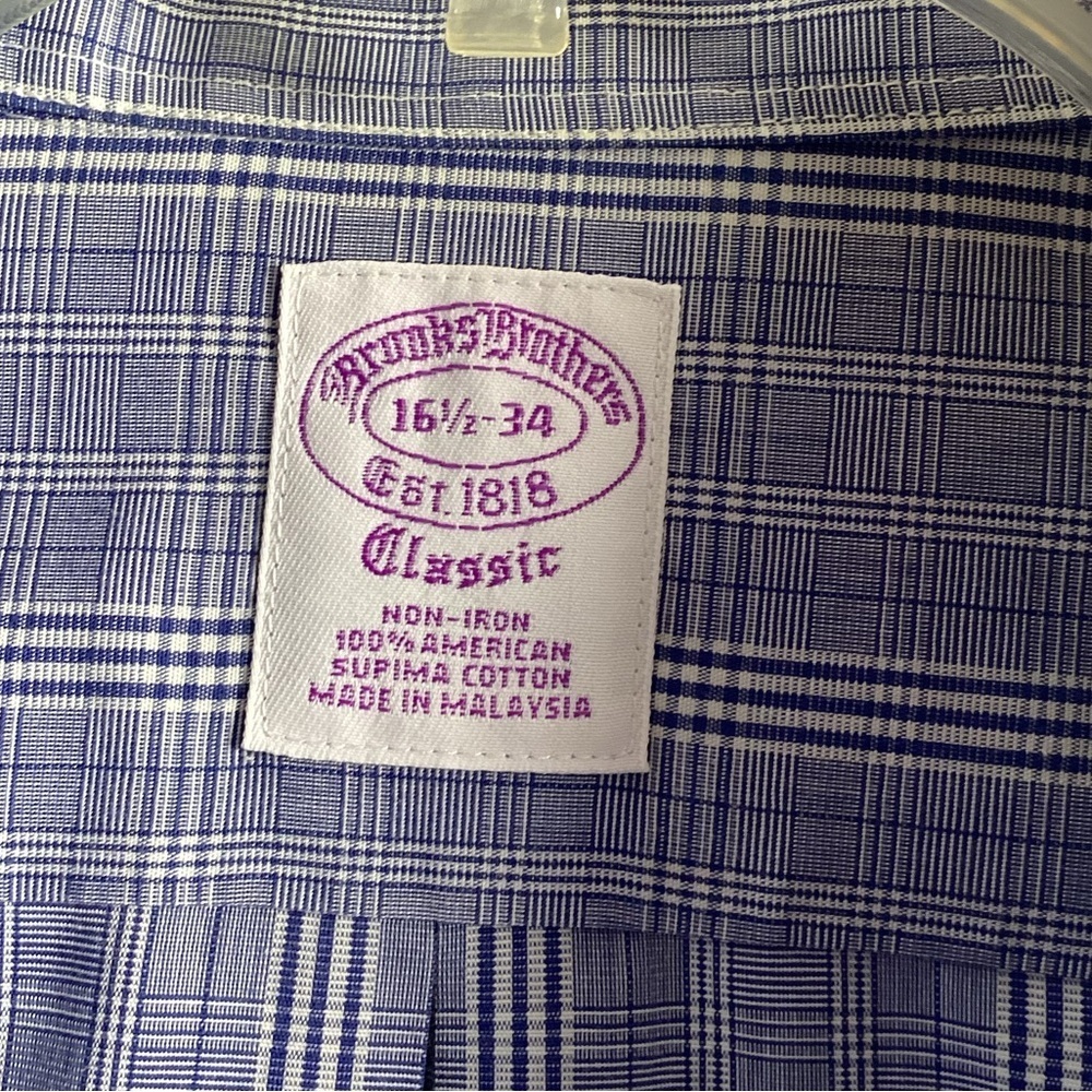 Brooks Brothers Mens Dress Shirt 16.5 34 Classic Plaid Purple Supima Cotton - Picture 3 of 8